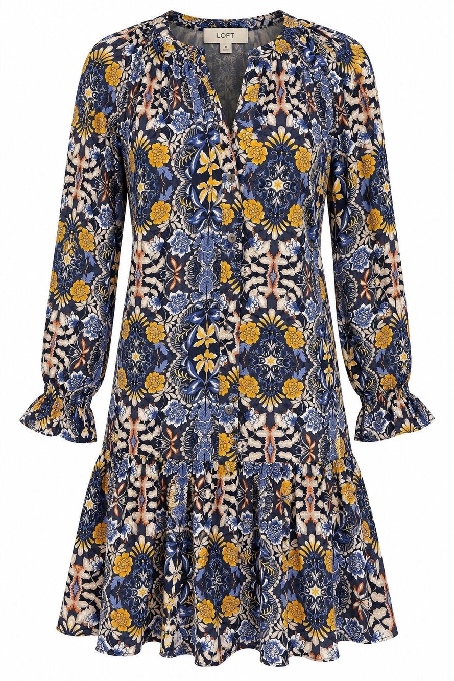 LOFT Women’s Floral Drop Waist Dress Navy Blue Yellow Long Sleeve Boho Ruffle LG